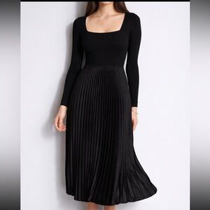 Elie Tahari Mixed Media Knit Top Pleated Skirt Black Dress